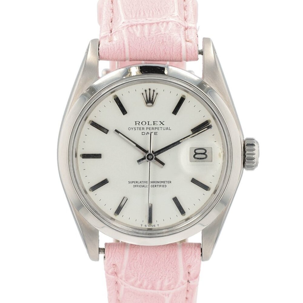 Rolex Oyster Perpetual Date 1500 Steel White Index Pink Leather 34mm Watch